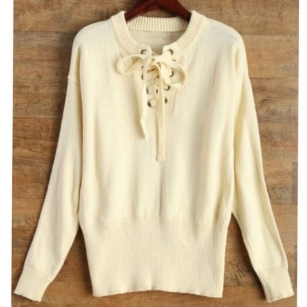 Women's Chunky Cream Lace-Up Cozy Sweater Pullover